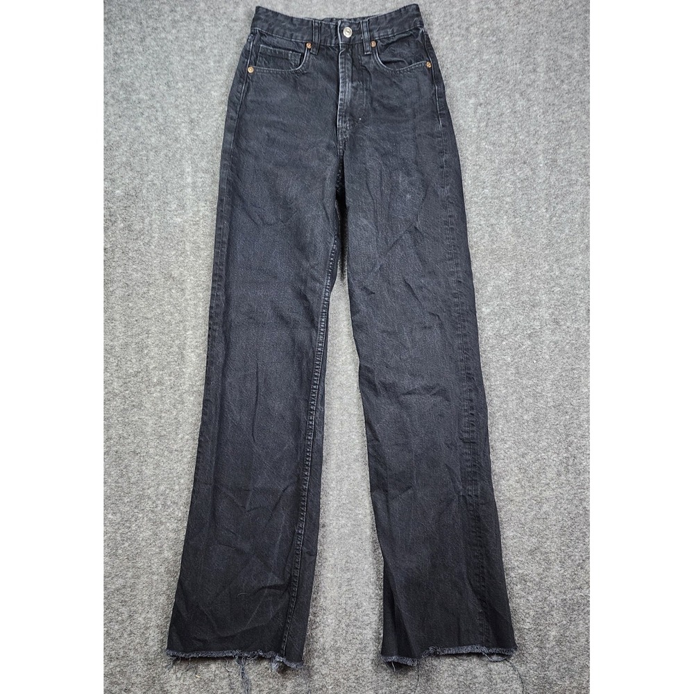 Zara Wide Leg Jeans Women Size 0 Washed Black High Rise Raw Hem Denim